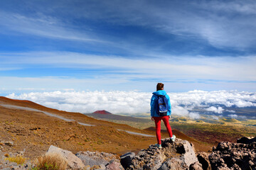 Tourist admiring breathtaking views from the Mauna Kea, a dormant volcano on the island of Hawaii