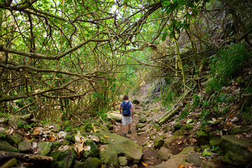 Young male tourist hiking on beautiful Pololu loop trail located near Kapaau, Hawaii