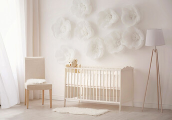 Interior of light cozy baby room with crib and bedding