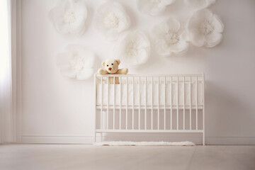Fototapeta na wymiar White bedroom with crib and decorated wall