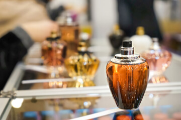 Perfume bottle on showcase in shop