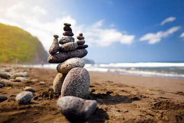 Fototapeta na wymiar Stack of stones balanced on rocky beach of Pololu Valley, Big Island, Hawaii