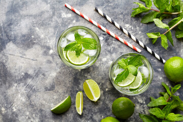 Mojito traditional Cuban cocktail alcohol refreshment drink in highball glass, summer tropical vacation beverage with rum