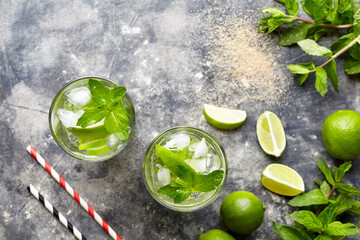 Mojito cocktail Cuban alcohol drink top view copy space in highball glass, summer tropical vacation beverage with rum