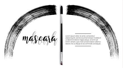 Vector make-up cosmetic mascara brush design concept with brush stroke. Realistic mascara brush template on white background with text.