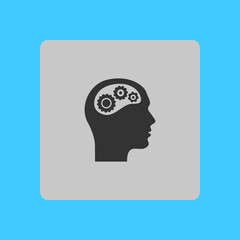 Thinking icon.  Silhouette of gear in head. Flat design style.