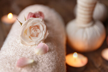 Beautiful rose on rolled towel in spa salon, closeup