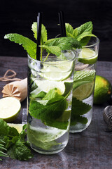 Mojito cocktail with lime and mint in highball glass on a grey s