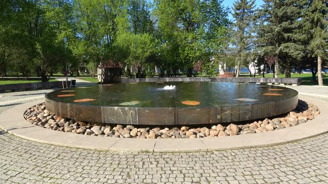 Fountain on Yaroslav's Court. Sunny may day. Velikiy Novgorod, Russia