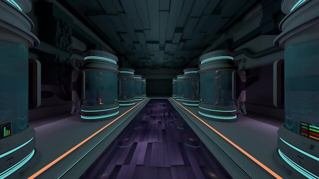 Human Bodies in Hibernation or Cloning Capsules Wide Cinematic 3D Animation