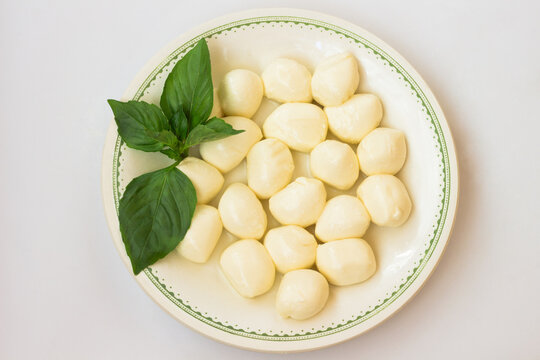 Mozzarella and green basil on a plate. White background, top view