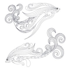 Doodle fishes coloring page anti-stress vector illustration