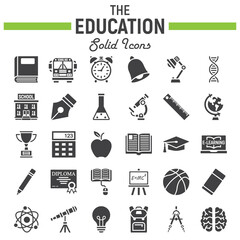 Education solid icon set, school symbols collection, knowledge vector sketches, logo illustrations, filled pictograms package isolated on white background, eps 10.