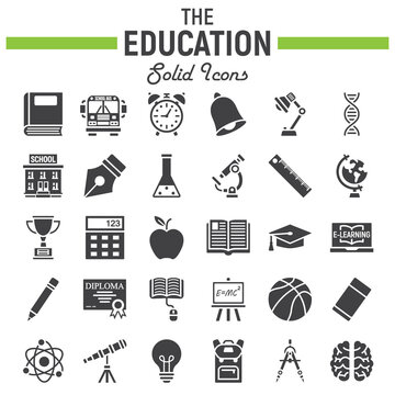 Education Solid Icon Set, School Symbols Collection, Knowledge Vector Sketches, Logo Illustrations, Filled Pictograms Package Isolated On White Background, Eps 10.