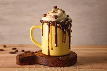 Sweet dessert with chocolate and cream on wooden table