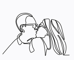 Vector continuous line drawing of kissing couple. A man kisses a woman.