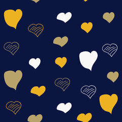 Seamless vector drawn pattern with hand drawn white and orange hearts on blue background.