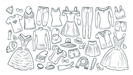 Fashion, shopping, boutique set icons. Collection of fashionable women's clothing. Vector illustration