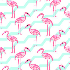 Pink flamingo on chevron blue and white pattern.