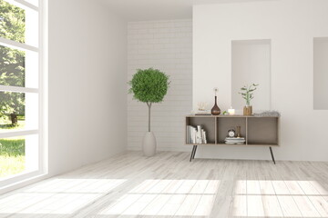 White empty room with green landscape in window. Scandinavian interior design. 3D illustration