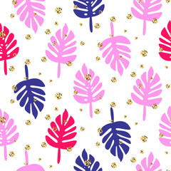 Monstera tropic palm pink and blue leaves seamless pattern.