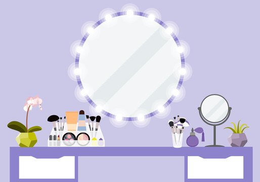 Vector illustration with make-up table, mirror and cosmetics product