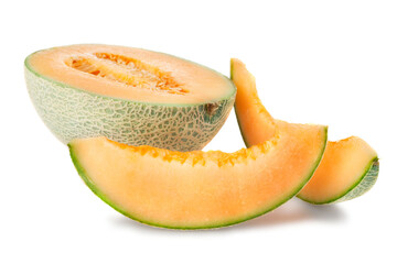 half of melon with slices isolated on white background