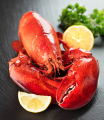 Red lobster with lemon and green on black wooden background