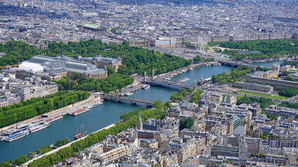 Aerial view of river Seine from Eiffel tower with beautiful scattered clouds, Paris, France