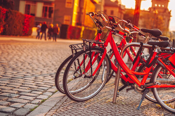 Naklejka na ściany i meble city bicycles for rent in sunset backlit at street