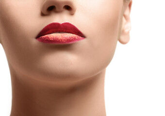 Fototapeta premium Beautiful young woman with creative makeup on white background, closeup