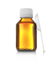 Bottle with cough syrup and measuring spoon on white background