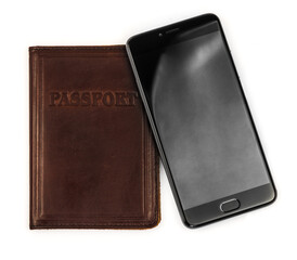 Cell phone with black blank display and passport