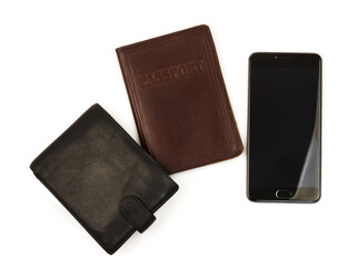 Cell phone with black blank screen with leather wallet and passport