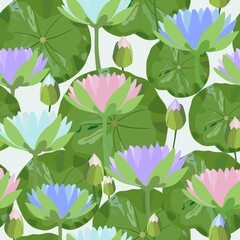 Seamless pattern with water lily flowers and leaves. Vector illustration.