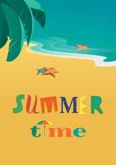 Summer time concept. Hand drawn fancy letters headline. Retro poster style. Blue sea waves, sand, starfish, palm leaves. Beach season fun and rest. Vector summer holiday vintage background template