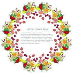 Round background with colored painting fruits, Lorem ipsum. Flat design stock vector illustration