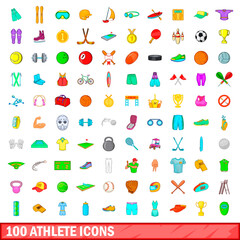 100 athlete icons set, cartoon style