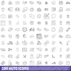 100 auto icons set, outline style