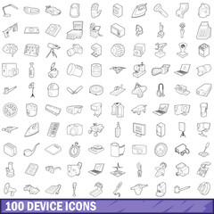 100 device icons set, outline style
