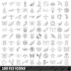 100 fly icons set, outline style