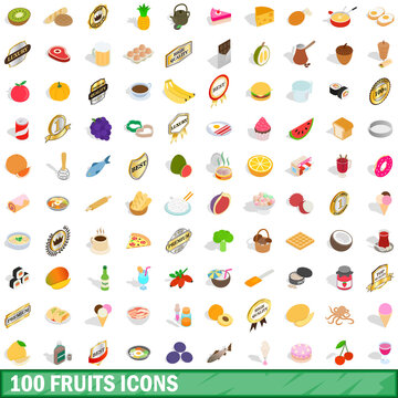 100 fruits icons set, isometric 3d style