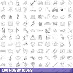 100 hobby icons set, outline style