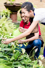 Obraz premium Happy young woman using a green watering can in the garden next to her partner in a sunny day