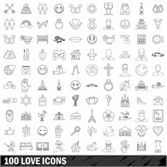 100 love icons set, outline style