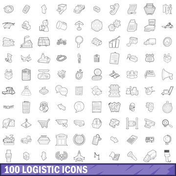 100 logistic icons set, outline style