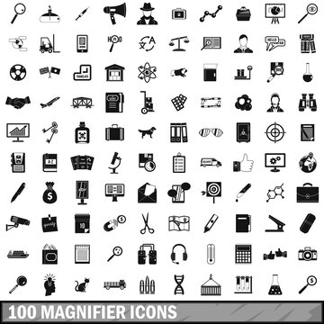 100 magnifier icons set, simple style 