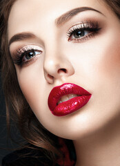 Beautiful woman portrait closed up with red lips and glamour make up. 