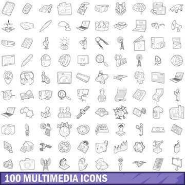 100 multimedia icons set, outline style