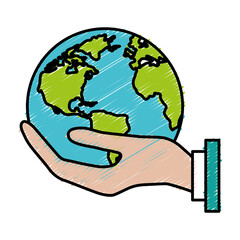 hand holding a earth planet icon over white background. colorful design. vector illustration